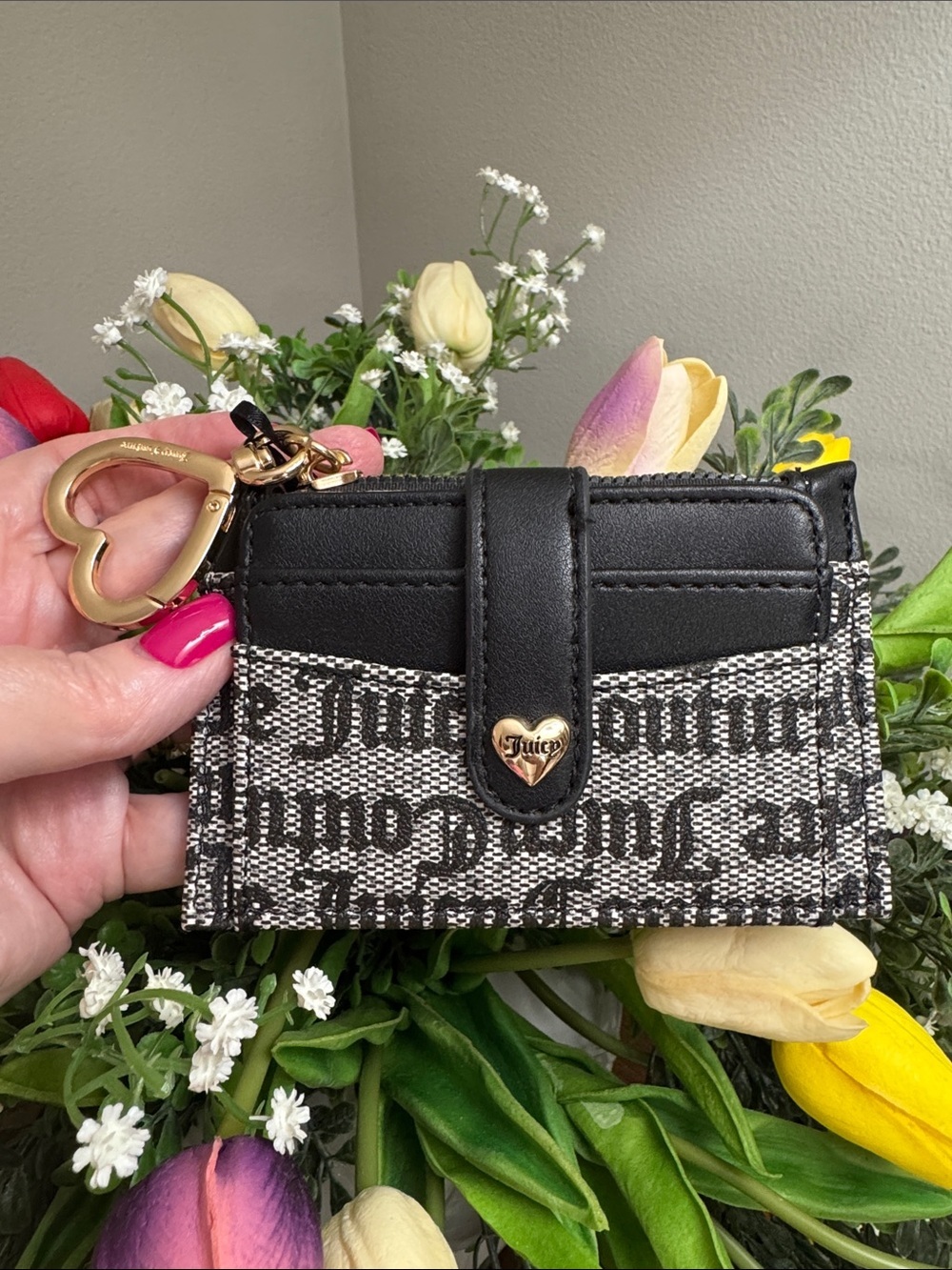 Juicy Couture Black & White Logo Tab Card Case with Gold Heart Charm